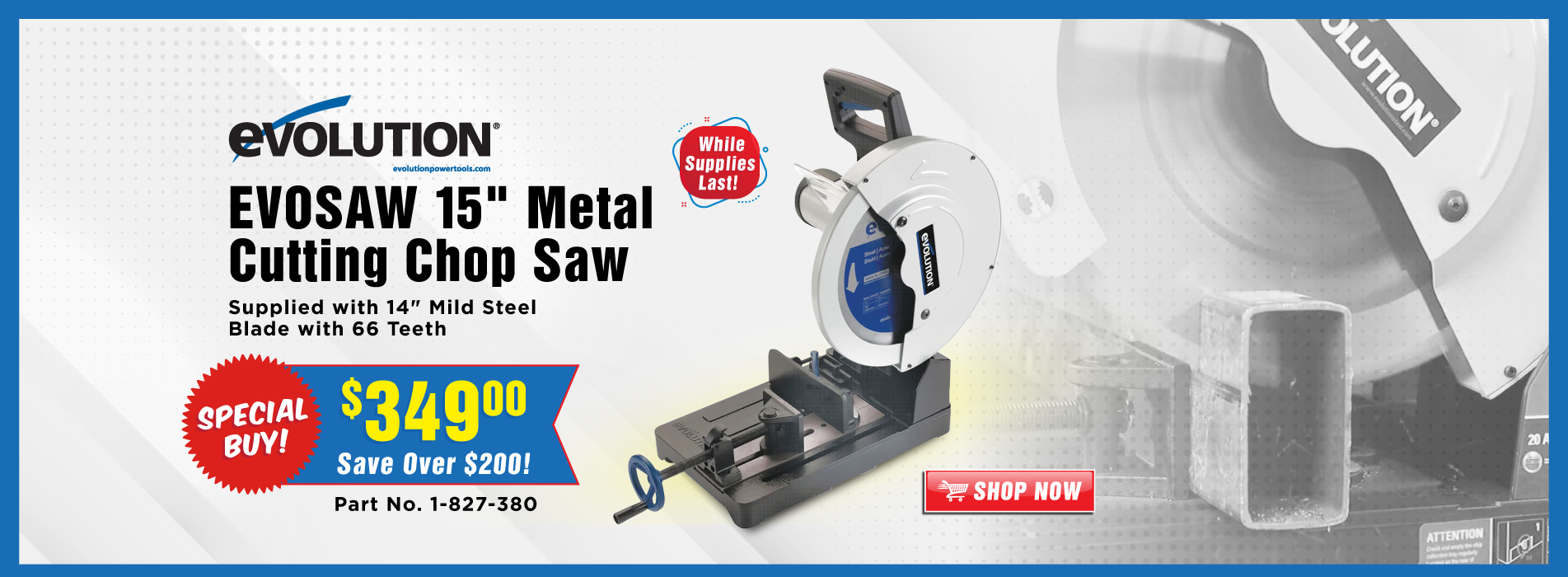 Evolution EVOSAW380 saw at special pricing, featuring a powerful and efficient cutting solution. Limited stock available.